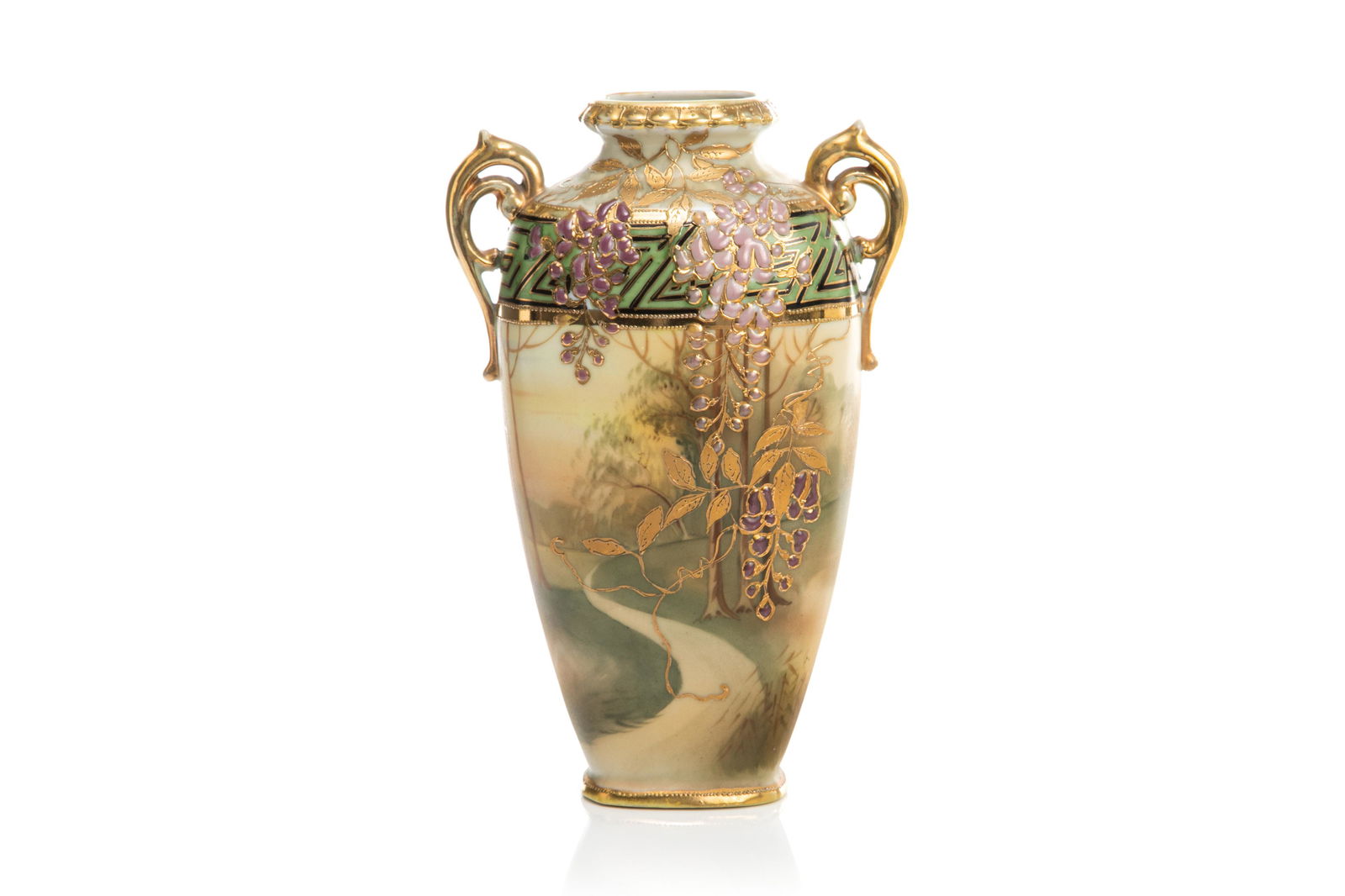 NIPPON TWO HANDLED PORCELAIN VASE: Matte glazed body with hand painted landscape scene and hand painted raised lilac flowers and gilding. Japanese, green M in wreath mark, early Noritake. H. 23 cm (9 in.)