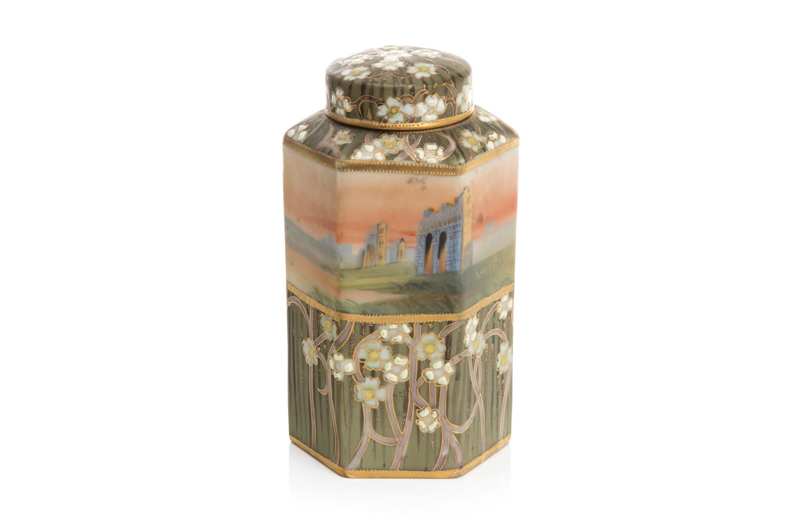TALL NIPPON MORIAGE PORCELAIN JAR: Green matte glaze jar with lid, hand painted landscape scene of ruins, white moraige flowers, gilded decoration. Japanese, green M in wreath mark, early Noritake. H. with lid 16.5 cm (6 1/2 in.)