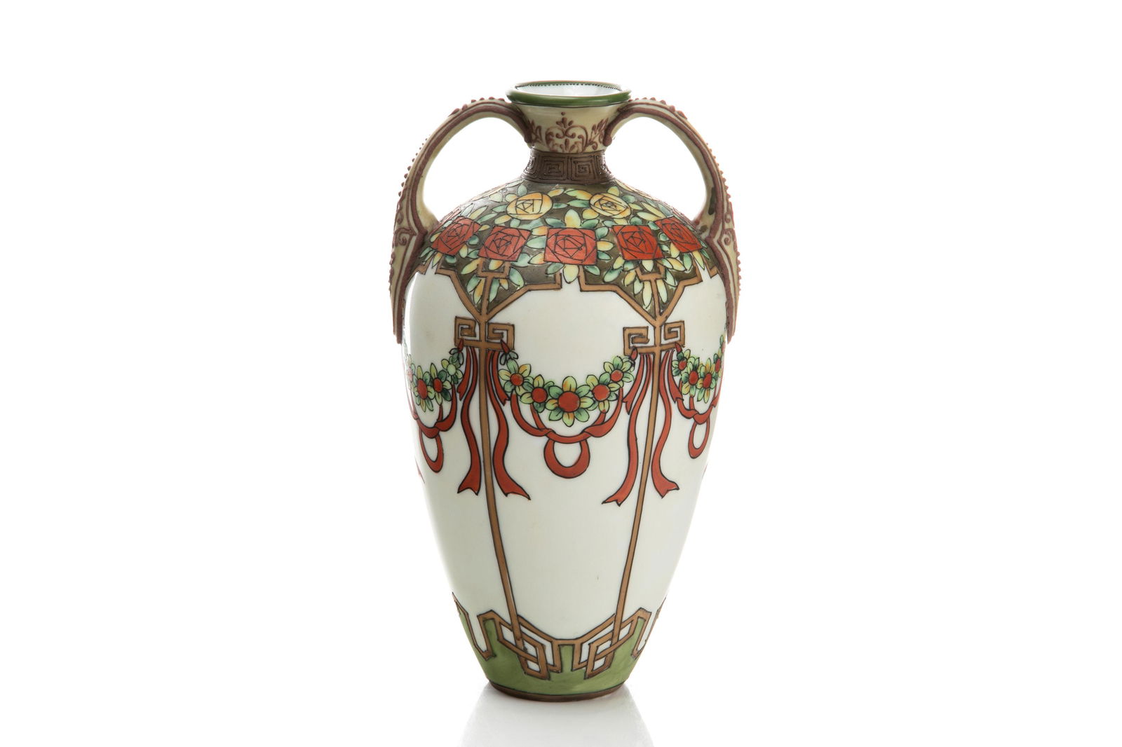 NIPPON ART DECO TWO HANDLED PORCELAIN VASE: Hand-painted Nippon porcelain twin handled moriage design vase, with ribbons and floral pattern throughout. Japanese, green M in wreath mark, early Noritake. H. 23 cm (9 in.)