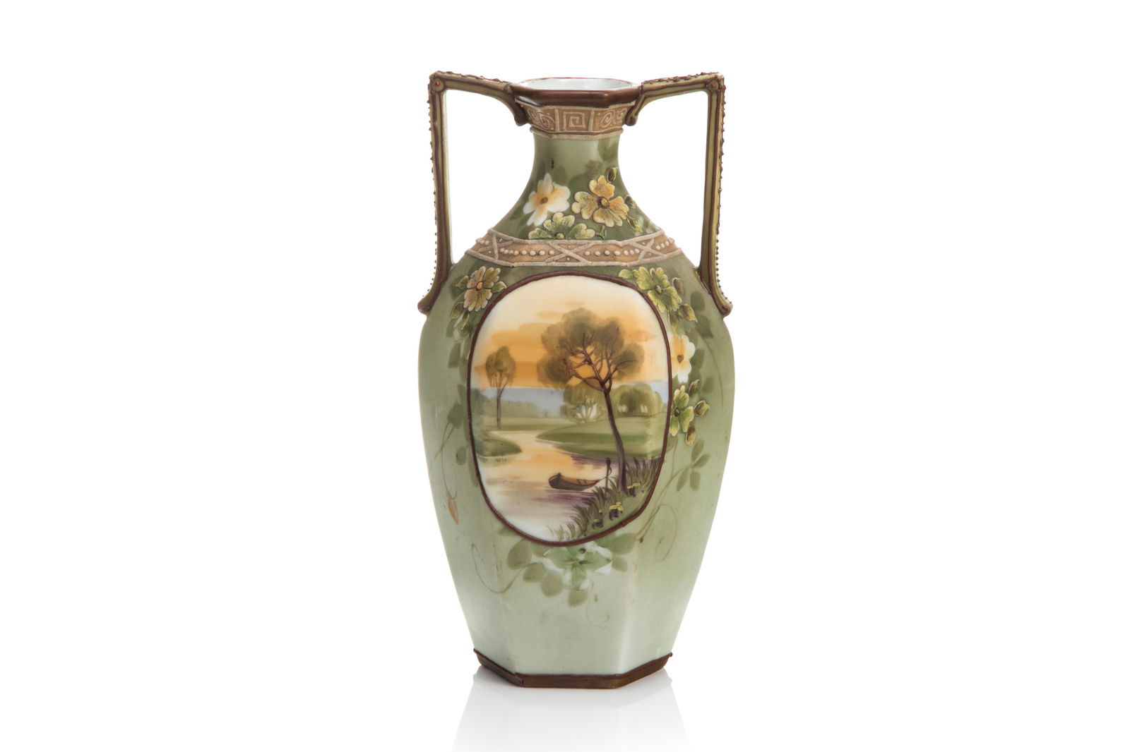 NIPPON TWO HANDLED MORIAGE PORCELAIN VASE: Matte green ground with hand painted river scene, moriage flowers and decoration. Japanese, green M in wreath mark, early Noritake. H. 21.5 cm (8 1/2 in.)