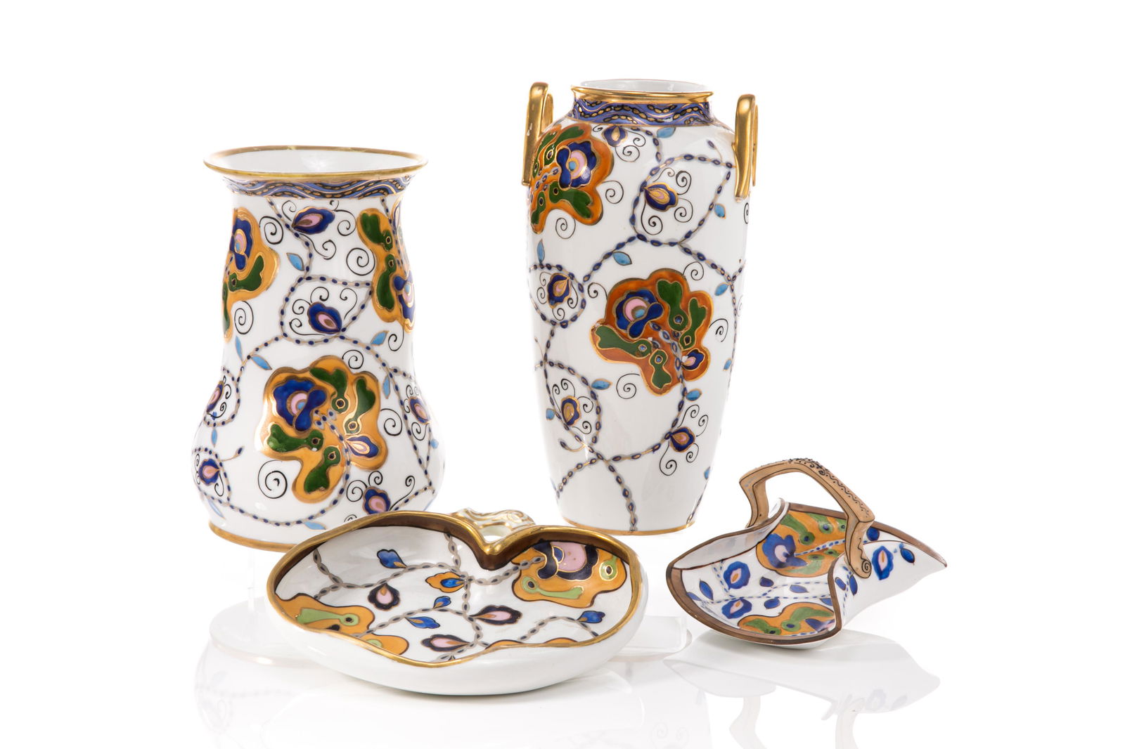 FOUR PIECES NIPPON ART DECO PORCELAIN: Includes a two handled vase, another vase, a basket dish, and a cache-pot. With hand painted floral pattern and gilded decoration. Japanese, green M in wreath mark, early Noritake. H. of tallest: 23 c