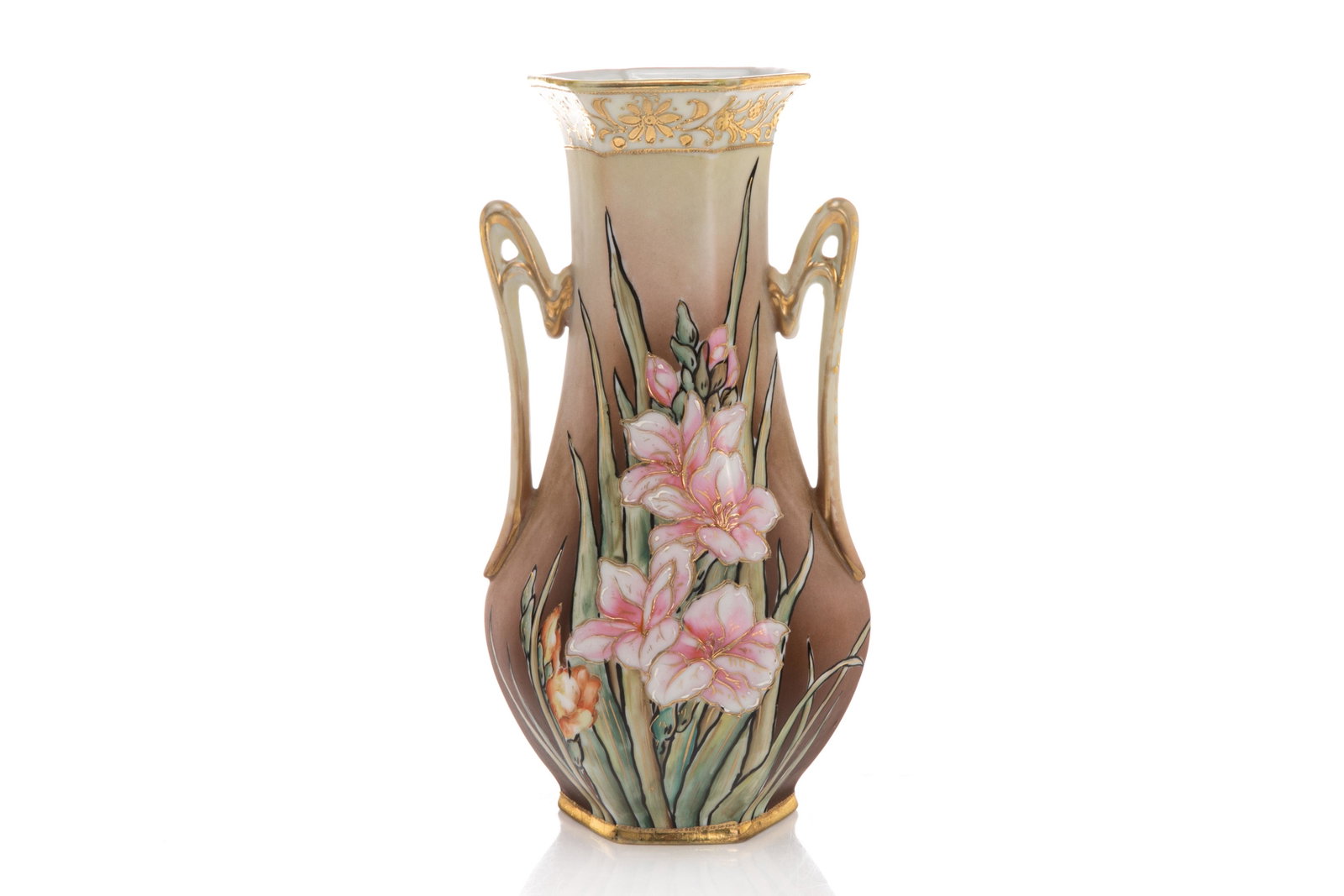 NIPPON TWO HANDLED PORCELAIN VASE: Gradual brown matte glaze vase with painted pink irises, and gilded decoration. Japanese, blue I. E. & C. Co. mark. H. 24.5 cm (9 1/2 in.)