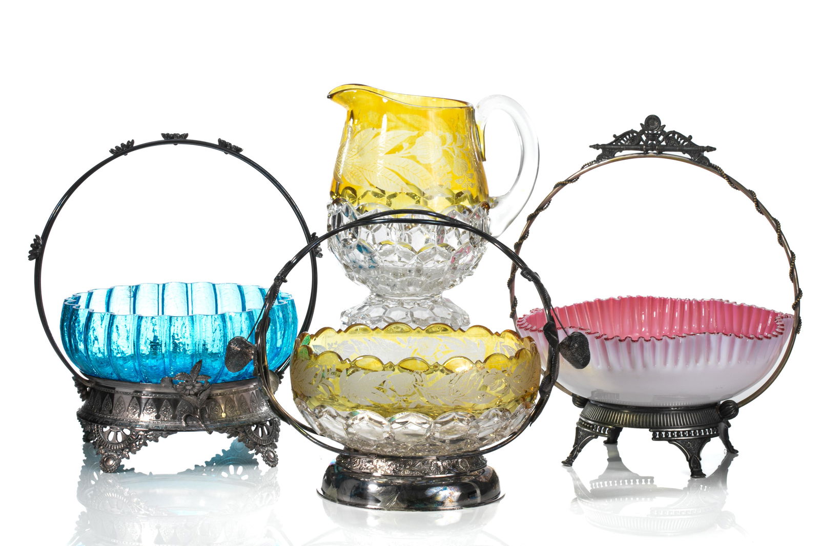 THREE VICTORIAN ART GLASS BRIDES BASKET & PITCHER (1 of 4)