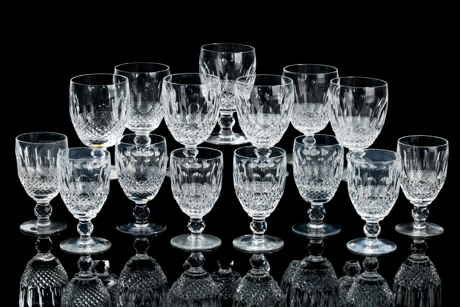 FIFTEEN WATERFORD CRYSTAL WATER & WINE GLASSES: Including seven Waterford Colleen pattern water goblets and eight claret wine glasses, Waterford marks to base. 20th C. H. 13.5cm (5 1/4in)