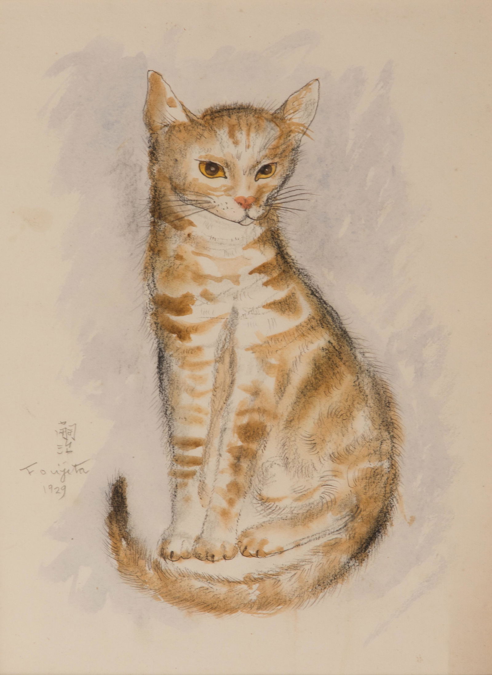 AFTER TSUGUHARU FOUJITA, PORTRAIT OF A CAT: 藤田嗣治 款 Ink and watercolour on paper portrait of a seated cat. Signed Foujita in Kanji and Romaji, dated 1928, framed.Paper: 41 x 31.6 cm (16 1/8 x 12 3/8 in.)