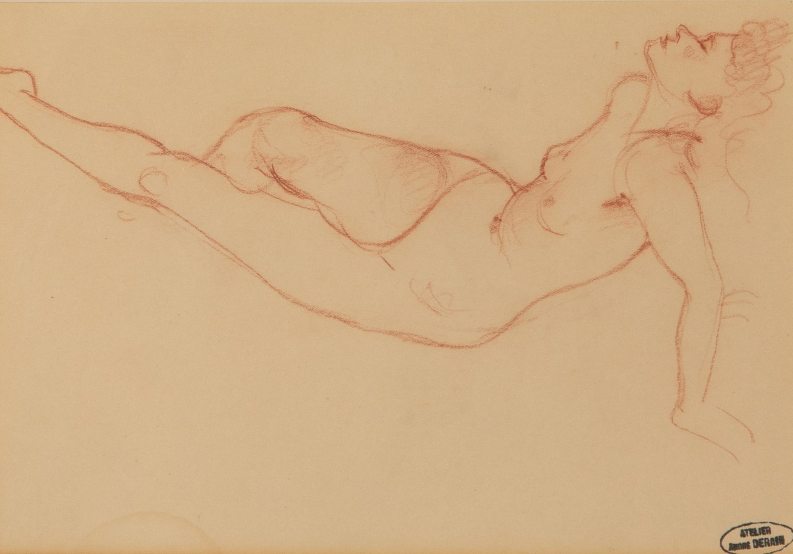 ANDRE DERAIN (French 1880-1954): Nude Red chalk on paper Studio stamp Size: 6.5 x 9.5 in. (sight) Label of Hammer Galleries, New York, inv. no 18735-46 verso)