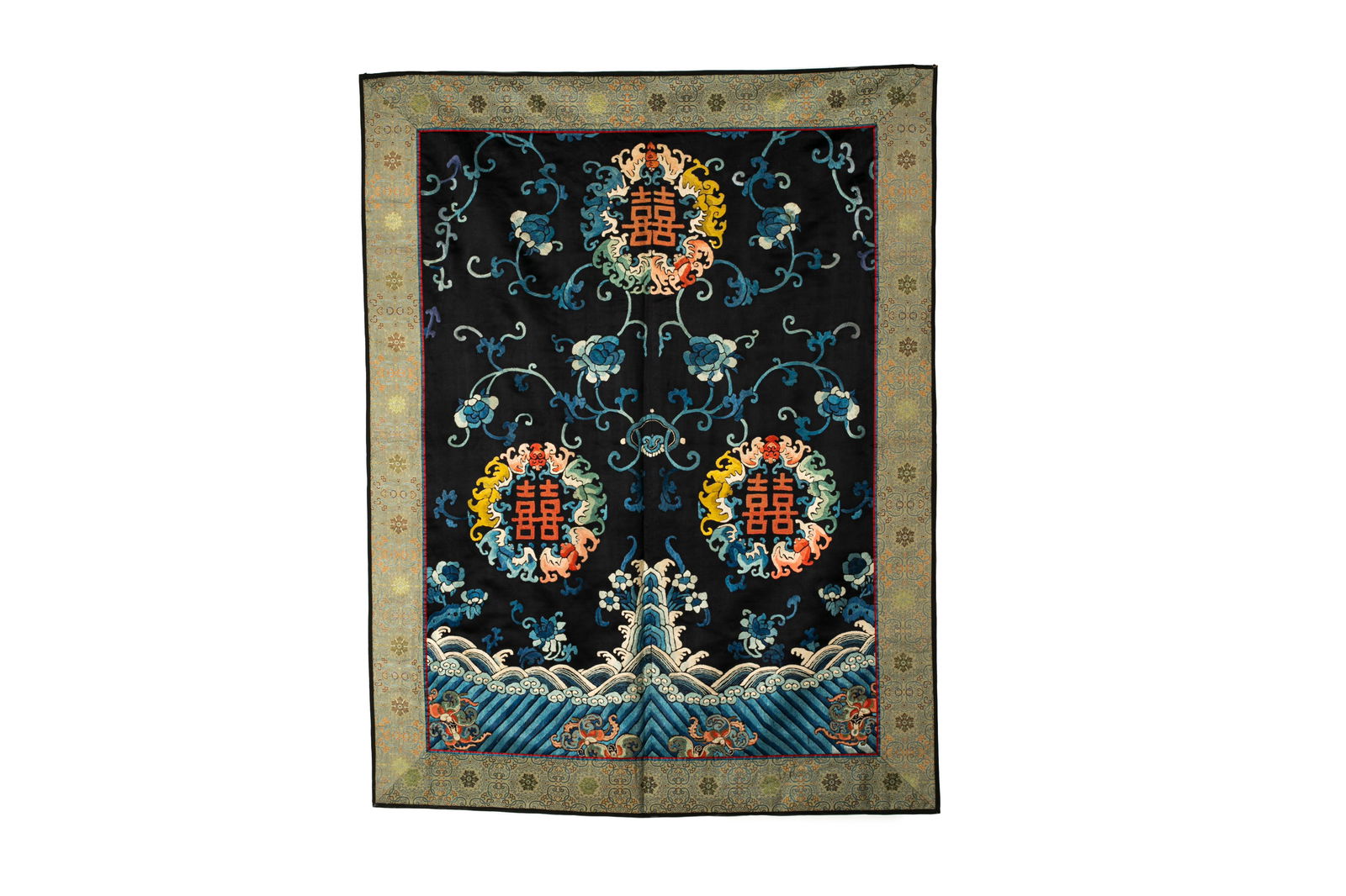 CHINESE DOUBLE XI AND FIVE BATS EMBROIDERY PANEL (1 of 4)