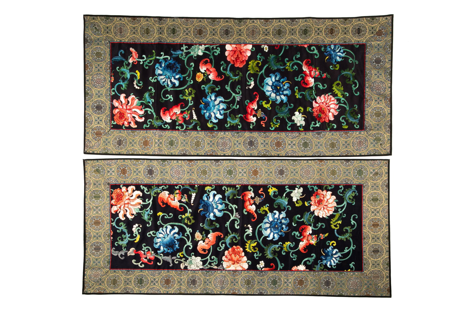 PAIR OF CHINESE BAT AND FLOWER SILK EMBROIDERY PANELS (1 of 1)