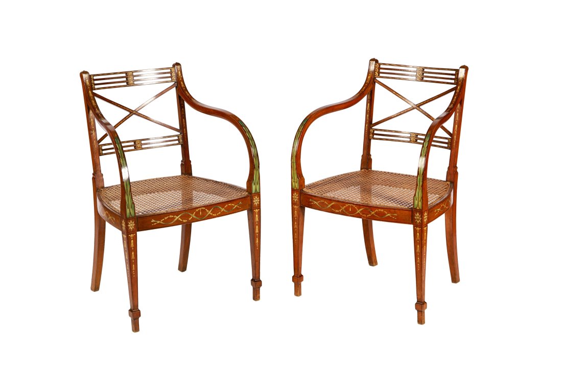 PAIR OF SHERATON PAINTED & CANED ARMCHAIRS (1 of 5)