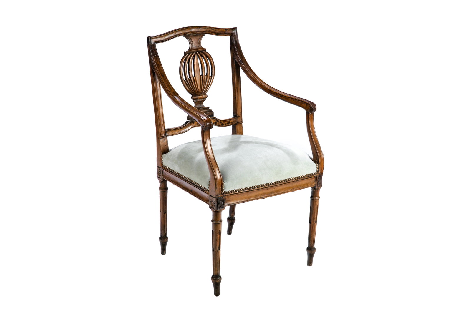 GEORGE III CARVED WOOD OCCASSIONAL CHAIR: With Sheraton carved back, with suede upholstery and brass tack decoration.