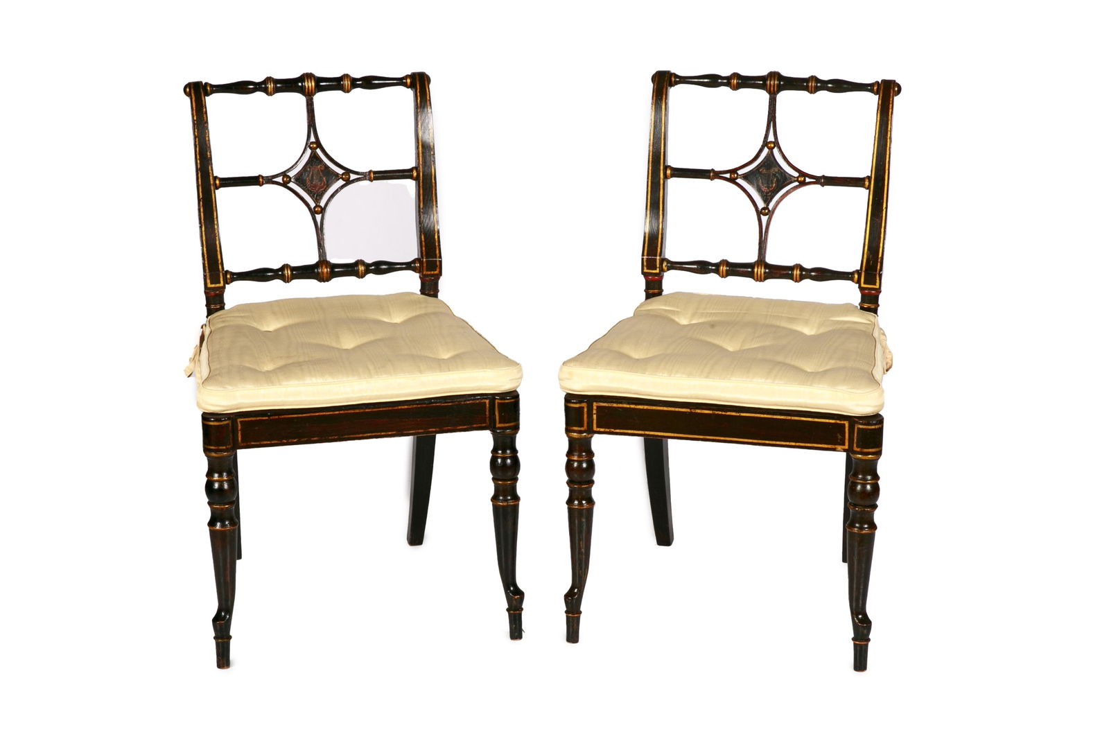 PAIR OF 19th C PAINTED & CANED SIDE CHAIRS (1 of 4)
