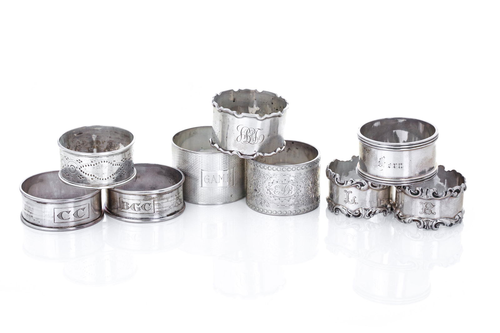 NINE SILVER NAPKIN RINGS, 236g (1 of 7)