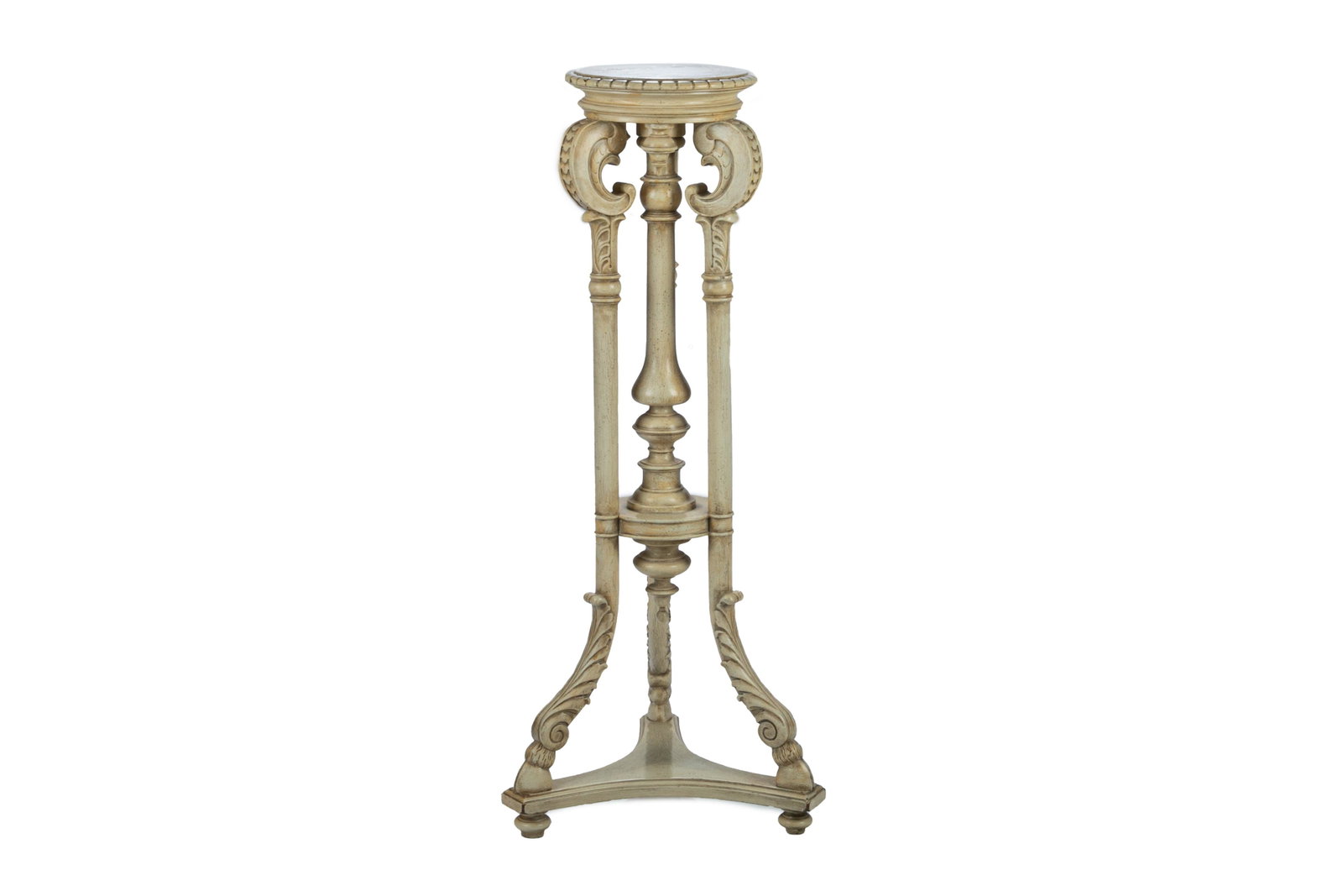 ART NOUVEAU STYLE CARVED & PAINTED PEDESTAL: With central turned shaft flanked by three carved supports terminating in a hoof foot. H. 45 1/2" W. 17" D. 19 1/2"