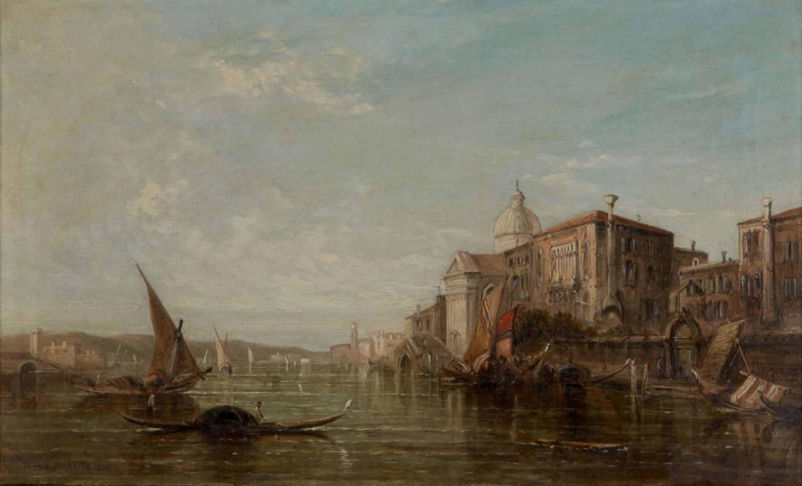 FOLLOWER OF DAVID ROBERTS (1796-1864): View of the Santa Maria della Salute on the Grand Canal Oil on canvas Bears signature and dated 1847 lower left Size: 12 x 20 in.