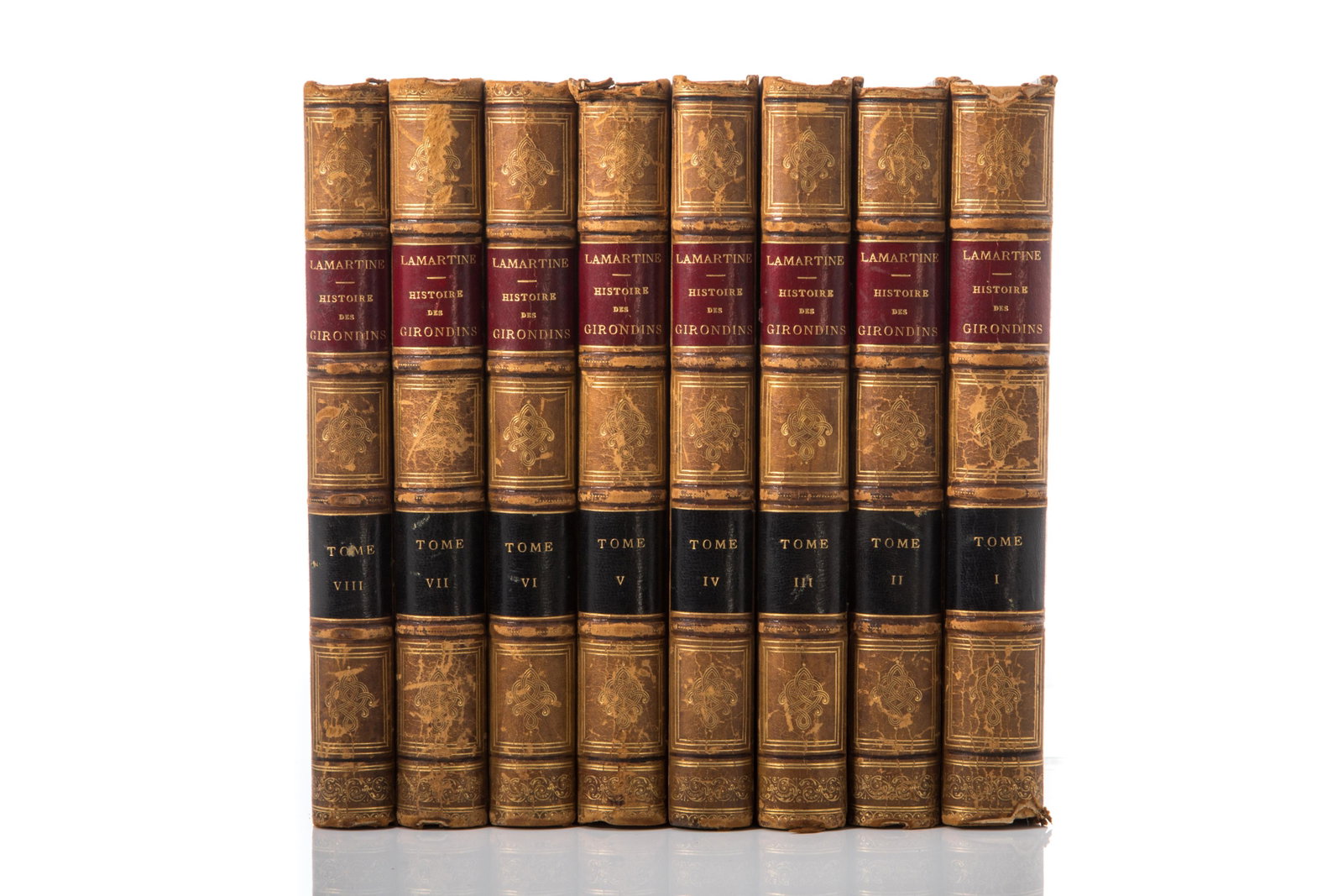 LAMARTINE, HISTOIRE DES GIRONDINS: Lamartine, Alphonse de. HISTOIRE DES GIRONDINS, 8 volumes (Paris: Furne & Cie - W. Coquebert, 1847). Quarter morocco with marbled boards. Gilt spine with 4 raised bands.