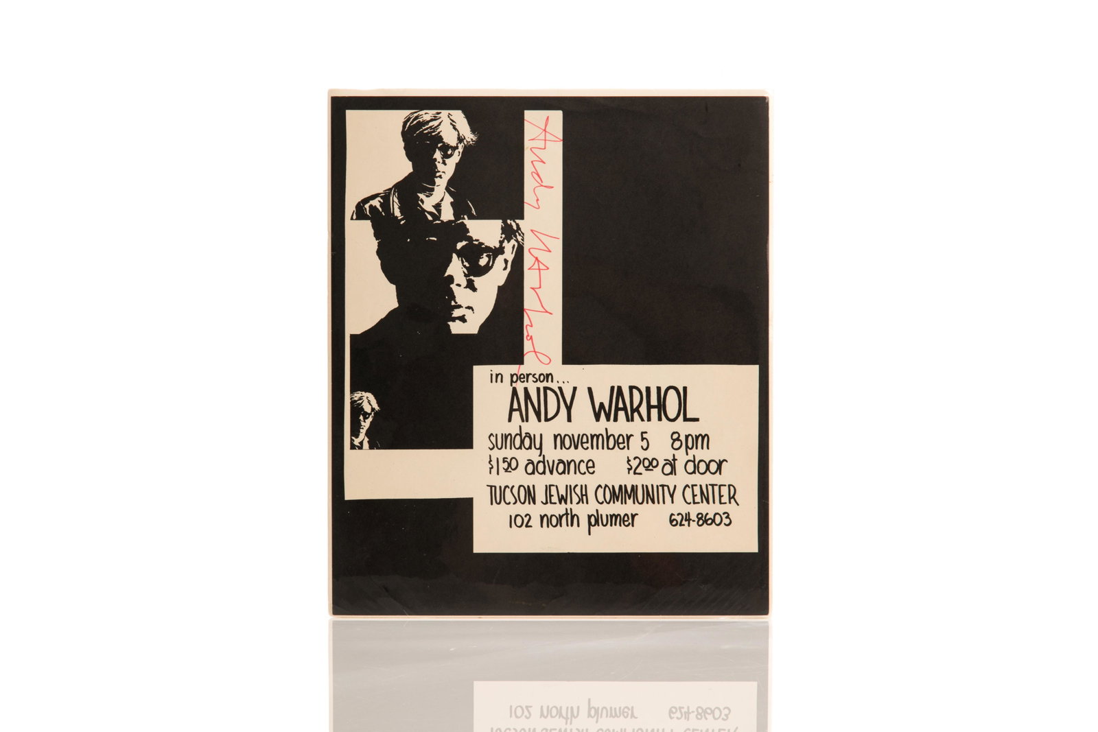 ANDY WARHOL, TUCSON JEWISH CENTER POSTER: Printed exhibition poster. 8.5 x 11 in. paper sheet printed black and white offset, recto only. Published in conjunction with a November 5th, 1967 lecture and film-screening by Warhol at theTucson Jew