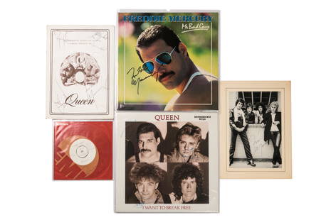 LOT OF QUEEN RELATED RECORDS AND MEMORABILIA: Official Fan Club Photograph signed by Freddie Mercury International Queen Fan Club Summer Newslettersigned by full band Queen, "Bohemian Rhapsody b/w I'm In Love With My Car" + EMI, 2375+ 7" Vinyl, 4