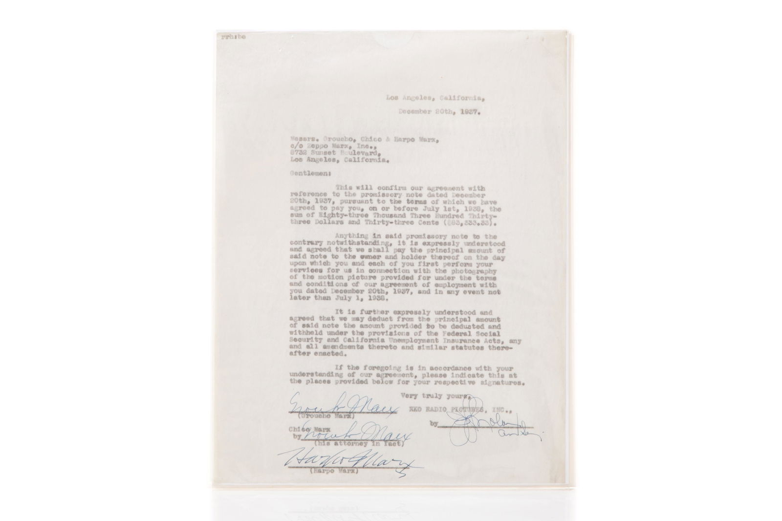 MARX BROS. SIGNED DOCUMENT (1 of 2)