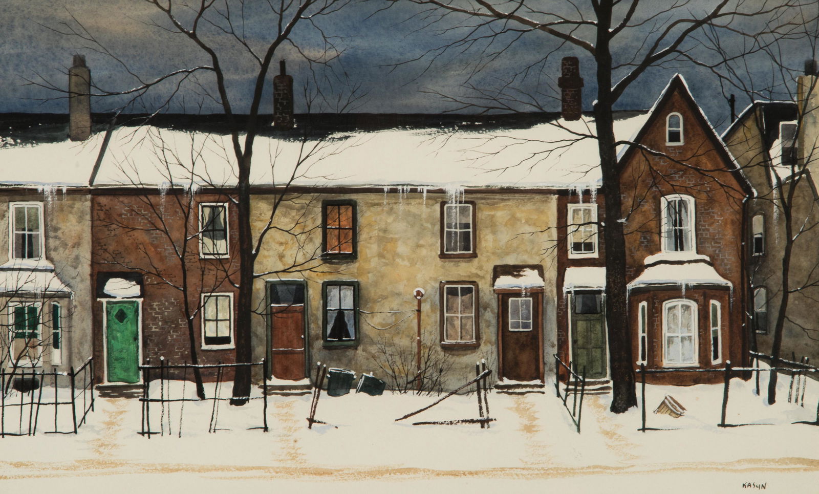 JOHN KASYN (Canadian, 1926-2008): Winter in Cabbagetown, Toronto Watercolour Signed lower right Size: 12 x 20 in. With Libby's of Toronto