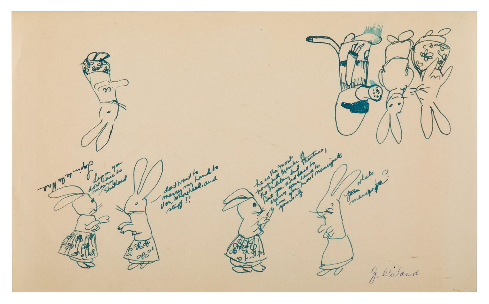 JOYCE WIELAND (Canadian, 1931-1998): Lapin de la Nord Ink sketch Signed Size: 8.5 x 14 in. Unframed. Provenance: The Estate of Graeme Ferguson, Lake of Bays, Ontario, CA