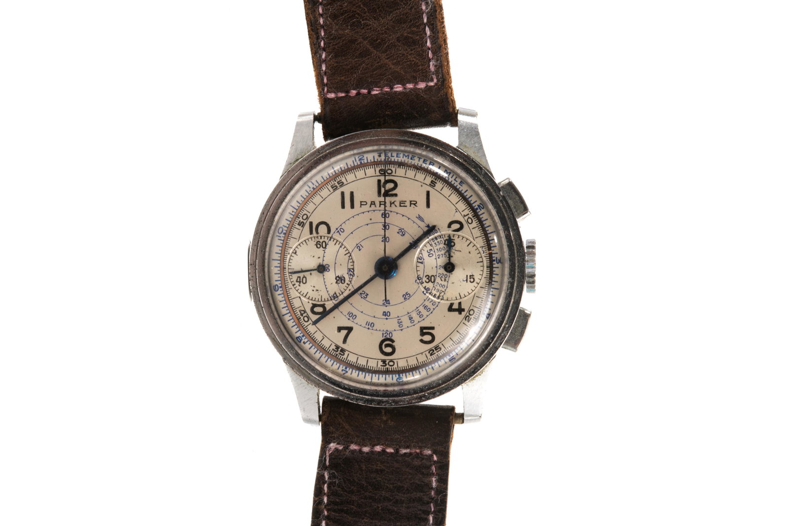 PARKER MEN'S NAVIGATOR CHRONOGRAPH WRISTWATCH: Vintage wristwatch. Venus movement, stainless steel case and leather strap Provenance: Allegedly found strapped to a beam near the navigator's station on a B-52 bomber in the Arizona Aircraft Boneyard