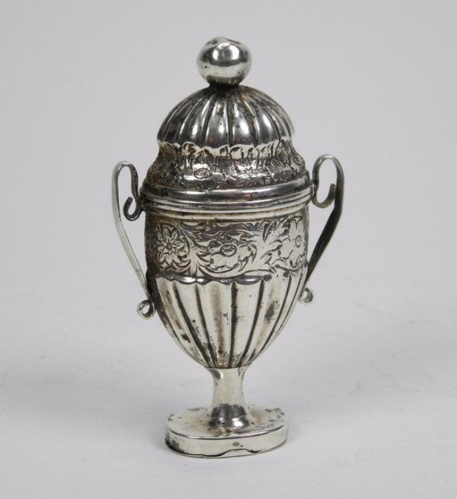 SCANDINAVIAN SILVER SPICE OR SNUFF CONTAINER: Marked twice with a script B in a square punch, 18th/19th century. Neoclassical urn shape with two applied strap handles. Multi lobed lid surmounted with a ball finial the flared based terminating in 