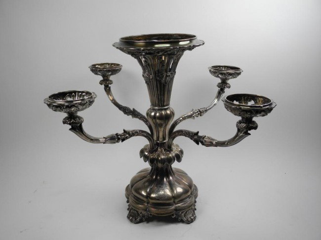 MATTHEW BOULTON SHEFFIELD SILVER PLATED EPERGNE: Lobed body with four foliate branches. Base crested, early 19th century. H 38.5 cm. (15 1/4 in.)