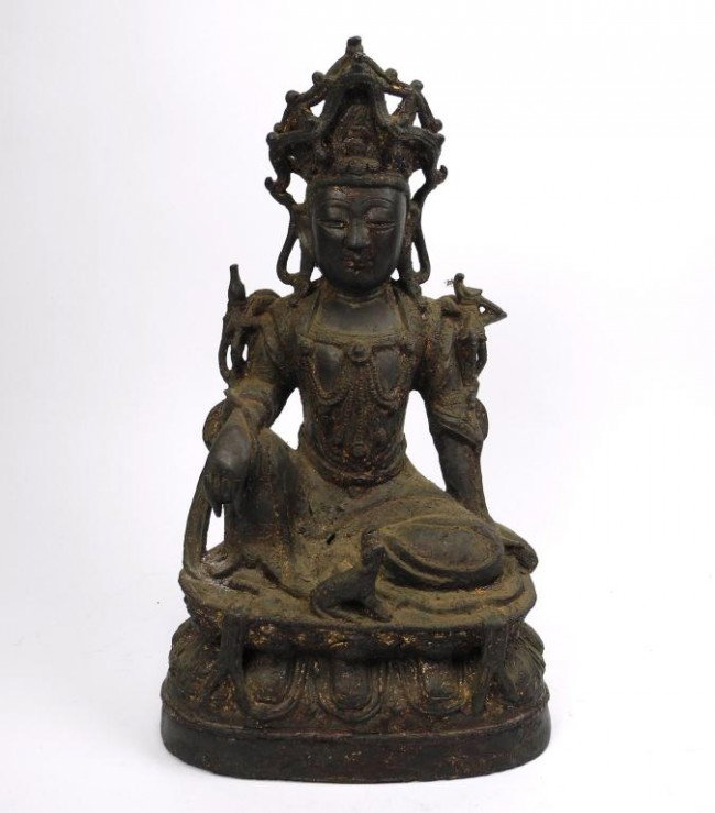 CHINESE BRONZE BUDDHIST FIGURE BODHISATTVA: Dark patina with remnants of gilding. Engraved Yongle reign mark to back together with another five character inscription below. China, Ming period. H 30.5 cm (12").