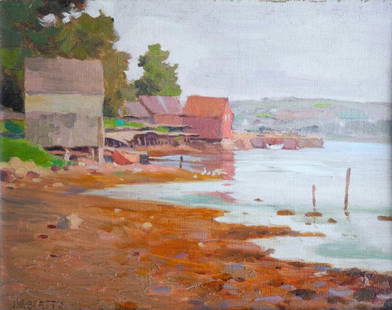 JOHN WILLIAM BEATTY (CAN 1869-1941): COTTAGES ON SHORELINE Oil on canvas board, signed lower left 9 x 11 1/2 in. (22.7 x 29 cm.) Provenance: verso Studio of the artist and G. Blair Laing Limited, Toronto.