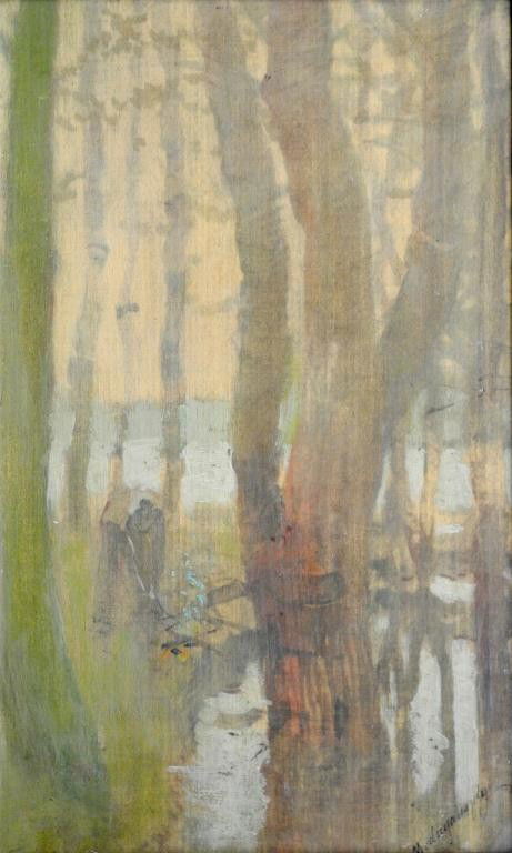 LASZLO MEDNYANSZKY (HUNG 1852-1919): Forest Landscape Oil wash on wood panel, signed lower right 11 3/4 x 7 1/4 in. (30 x 18.5 cm.)