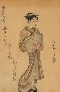 SUZUKI HARUNOBU (1725-1770) WOODBLOCK: éˆ´æœ¨ æ˜¥ä¿¡ Japanese, featuring bijin in kimono with inscription to the left, signed. Visible image: 14 x 20.3 cm ( (5 1/2 x 8 in.)