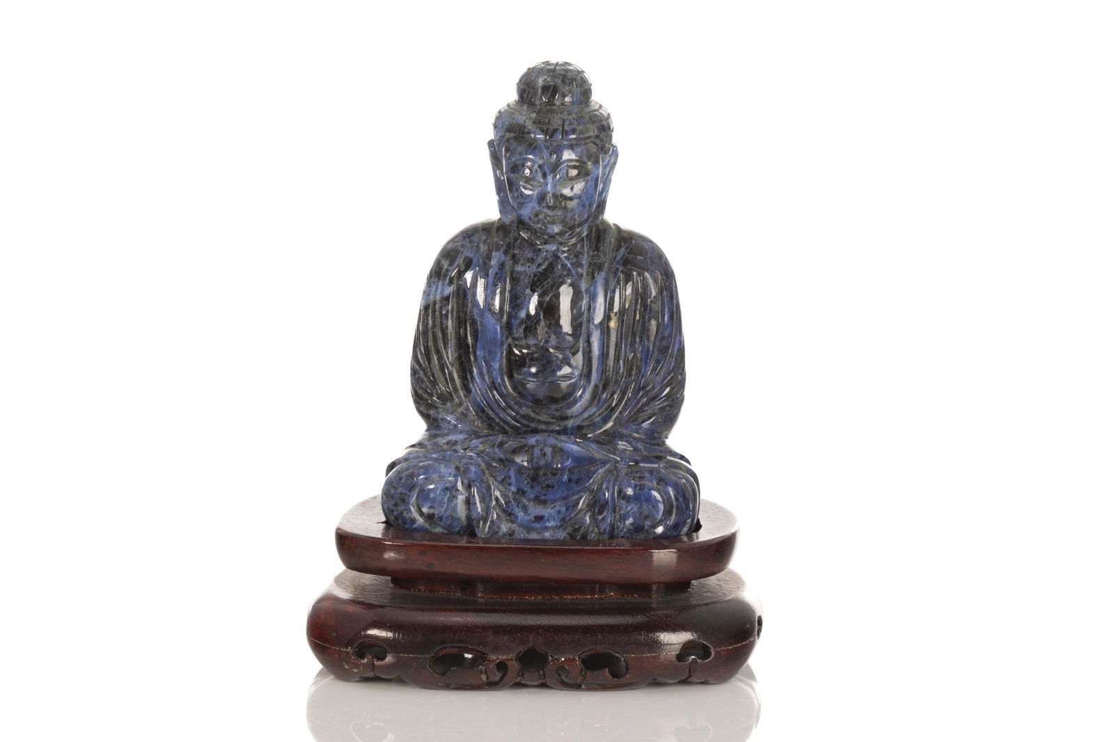 CHINESE LAPIS STONE CARVED SEATED BUDDHA ON STAND (1 of 5)