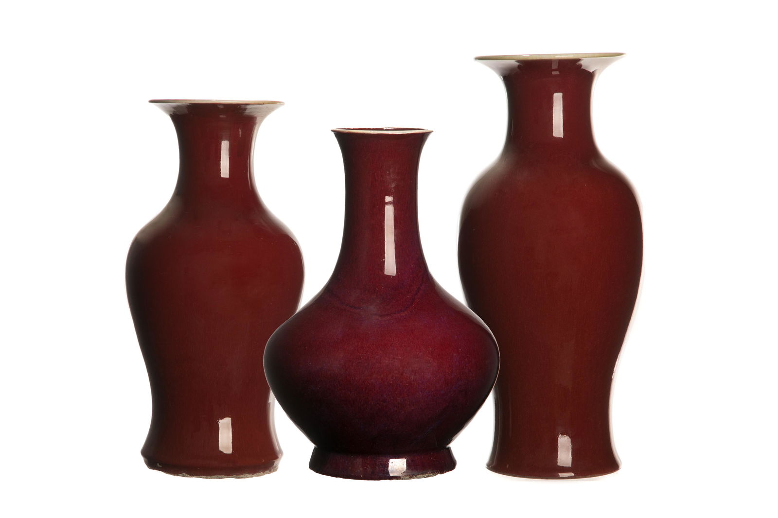 THREE CHINESE FLAMBE RED GLAZED VASES (1 of 3)