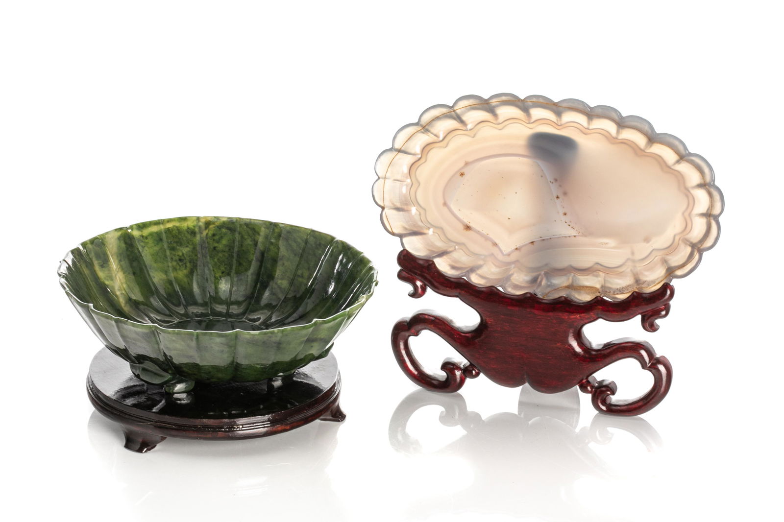 AGATE CARVED LOBED DISH AND JADEITE CARVED BOWL (1 of 1)