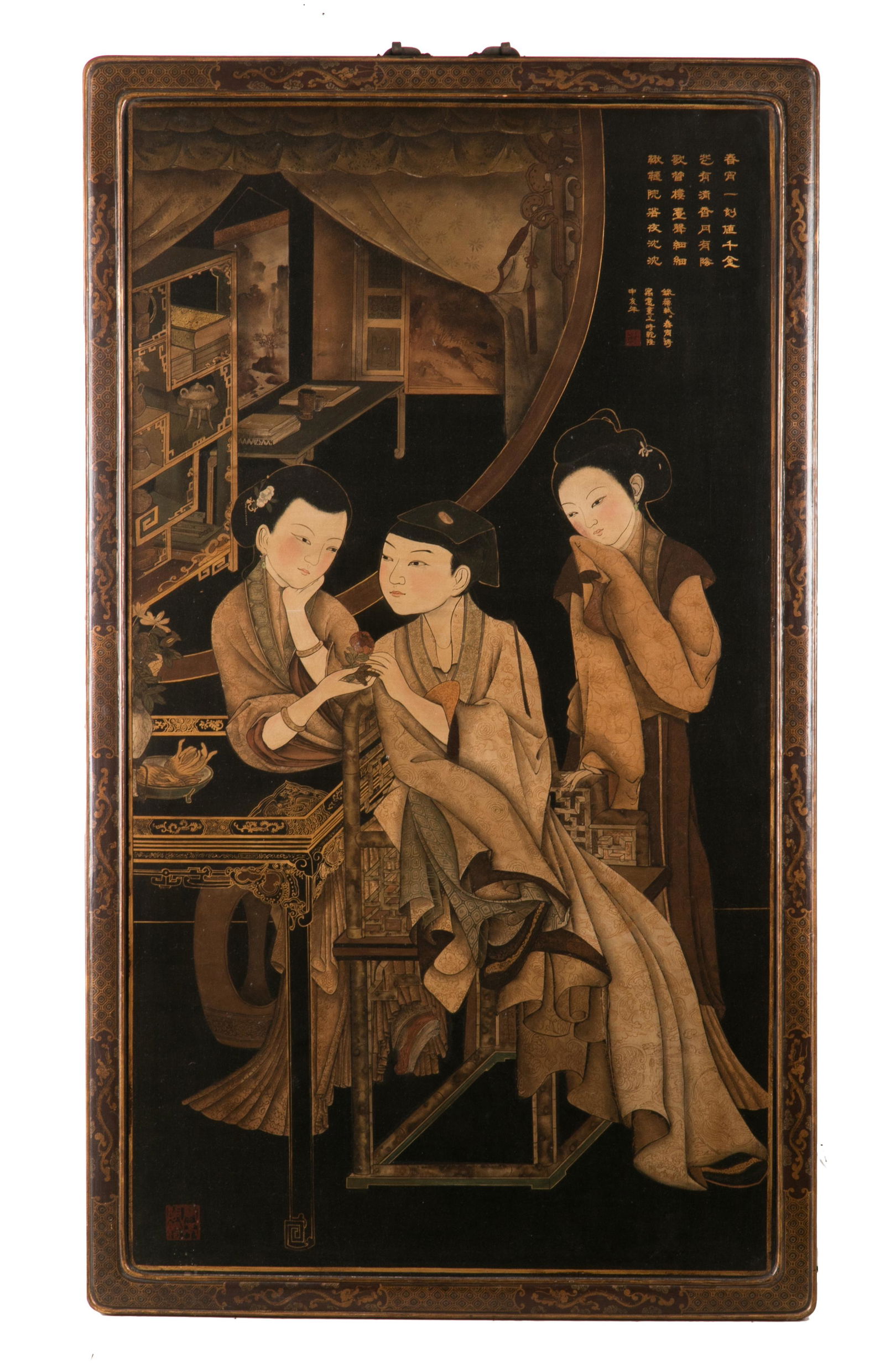 CHINESE WOOD PANEL WITH PAINTED MAIDENS (1 of 4)