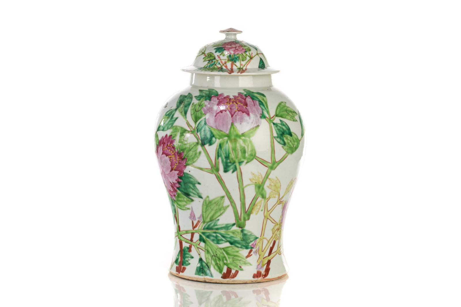 SIGNED CHINESE FAMILLE ROSE PORCELAIN TEMPLE JAR: Chinese, late 19th to 20th century. Decorated to the body and lid with the auspicious design of peonies and a pair of light-vented bulbuls (fu gui bai tou). Bear signature of Zhang Ziying (ZhangYun) a