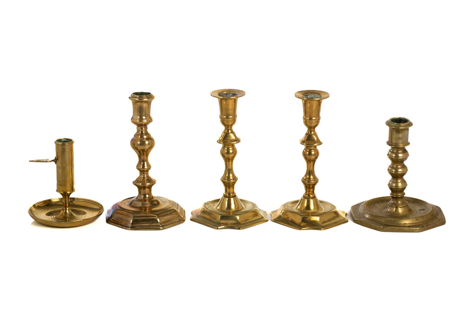 FIVE EARLY ANTIQUE SINGLE BRASS CANDLESTICKS (1 of 3)