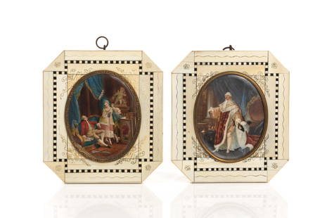 PAIR OF 19th C FRENCH PORTRAIT MINIATURES: Hand painted on porcelain plaques, depicting the Le carquois epuise (Empty Quiver), by Pierre-Antoine Baudouin, the second a Portrait of Louis XVI after Antoine Francois Callet. Framed in octagonally