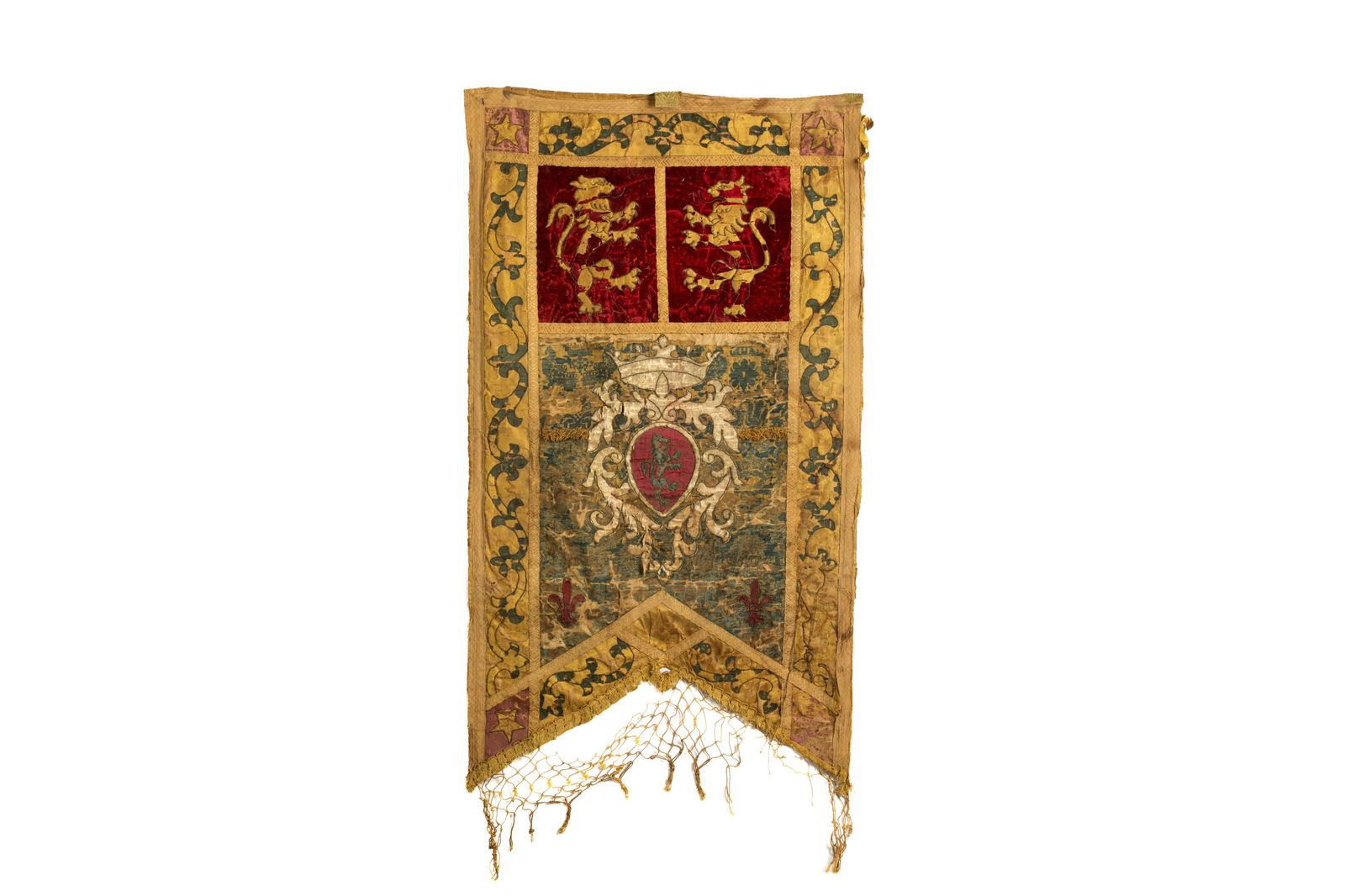 18th C EUROPEAN ARMORIAL BANNER: An 18th century handcrafted Continental European Armorial banner with silk and velvet applique, the upper two quadrants of crimson velvet featuring lions in gold coloured silk, outlined by raisedmetal