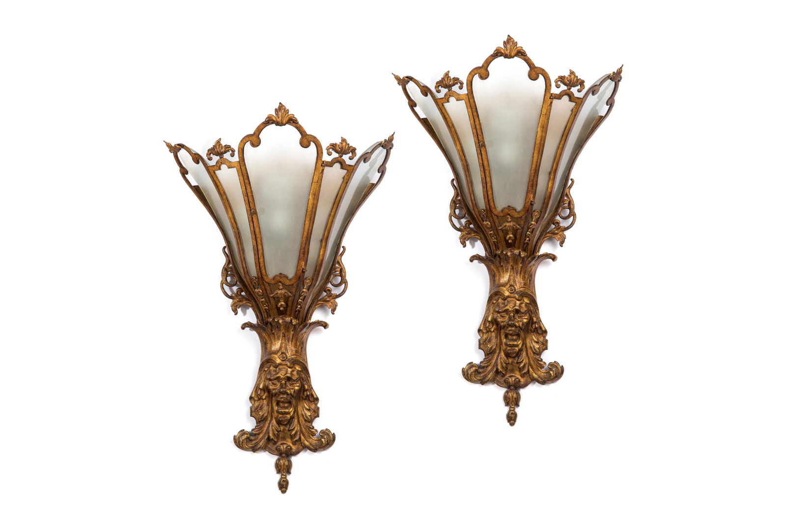 PAIR OF GILT BRONZE & GLASS WALL SCONCES (1 of 1)