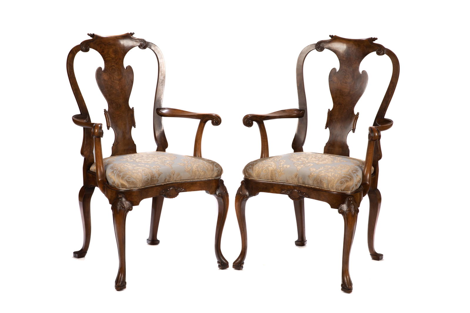PAIR OF GEORGE II STYLE BURLED WALNUT ARMCHAIRS (1 of 1)