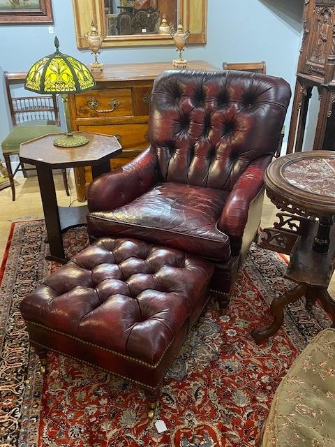 VINTAGE BURGUNDY TUFTED LEATHER ARMCHAIR & OTTOMAN (1 of 1)