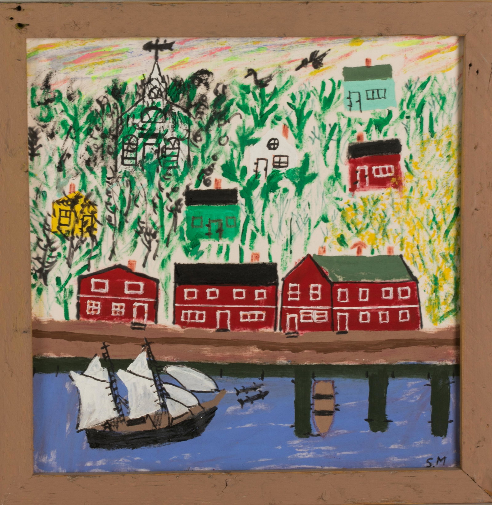 STANLEY MASON (Canadian, 1908-1999): Untitled (Seaside Scene) Mixed media on fabric Signed with initials, label verso Size: 14 x 14 in. (incl. frame)
