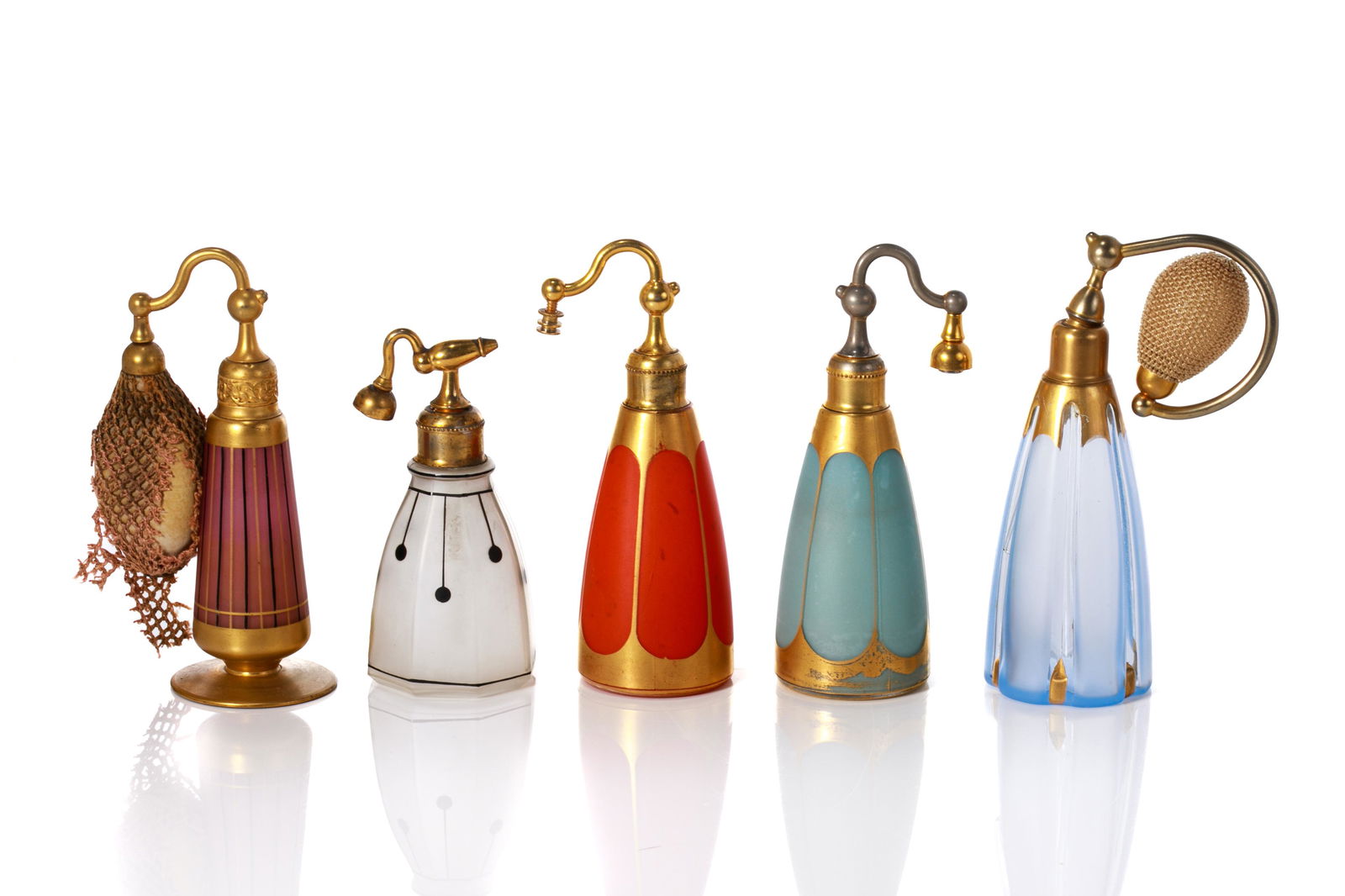 FIVE AMERICAN ART DECO GLASS PERFUME ATOMIZERS (1 of 3)
