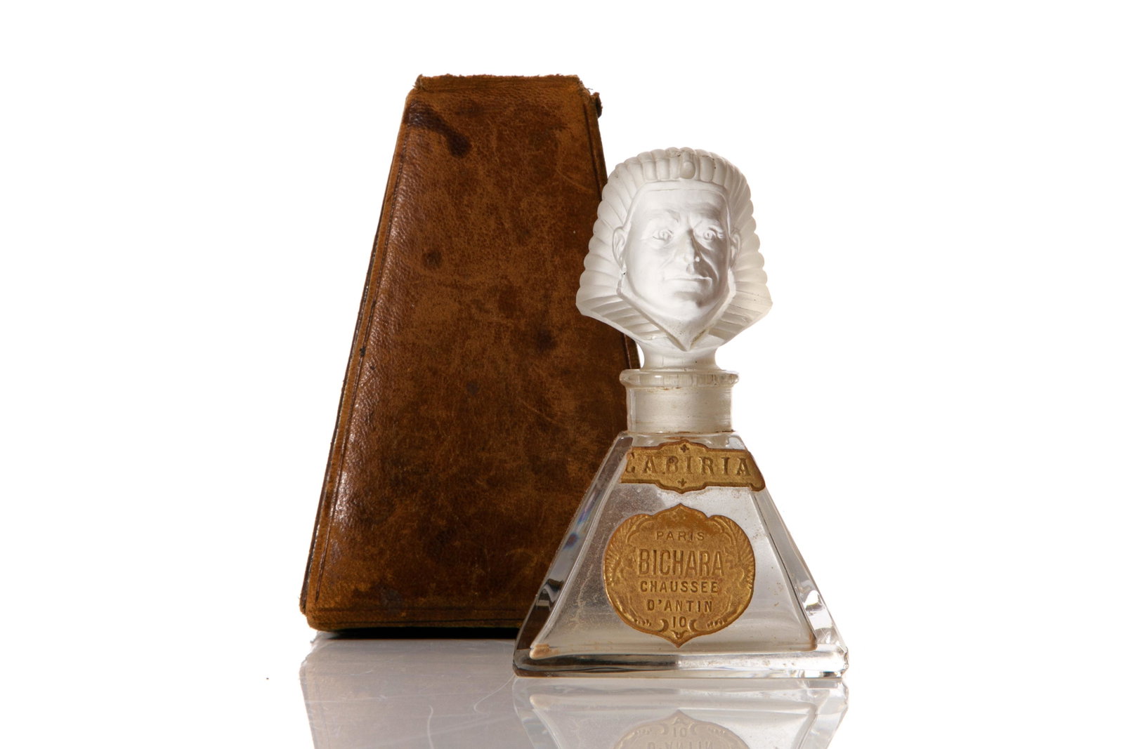 RARE FRENCH BICHARA CABIRIA 1921 PERFUME BOTTLE: Established by Mallarme Bichar â€˜The Syrian Perfumer,' Bichara produced the Cabiria scent in 1921. The bottle has a square base with pyramid form taper, culminated in frosted glass stopper in the
