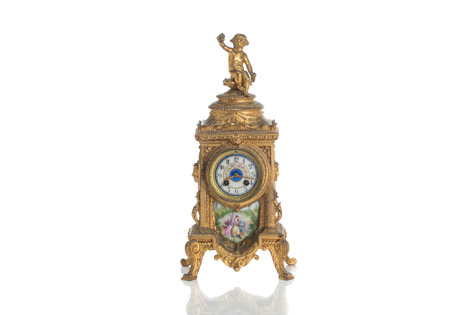 19th C FRENCH BRASS & PORCELAIN MOUNTED CLOCK (1 of 6)