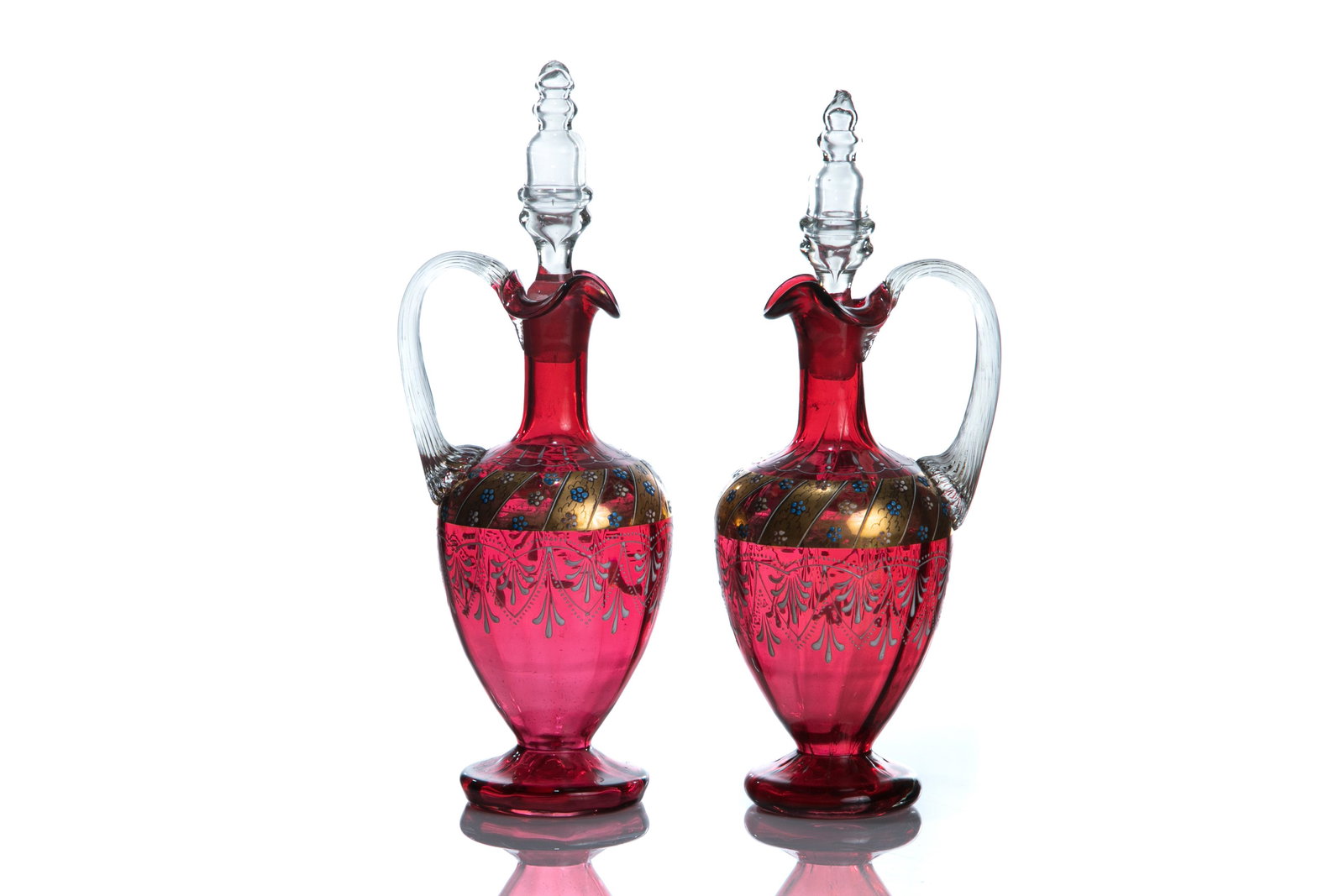 PAIR OF 19th C CRANBERRY GLASS DECANTERS (1 of 3)