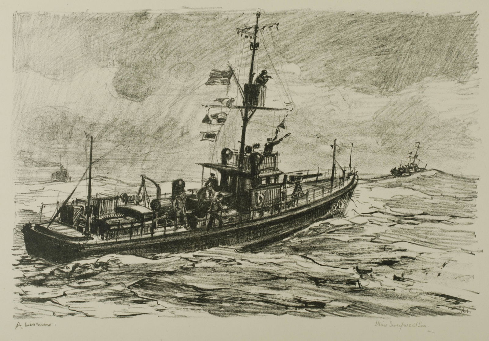 ARTHUR LISMER (Canadian, 1885-1969): Mine Sweepers at Sea Lithograph Signed in pencil Size: 12 x 18 in.