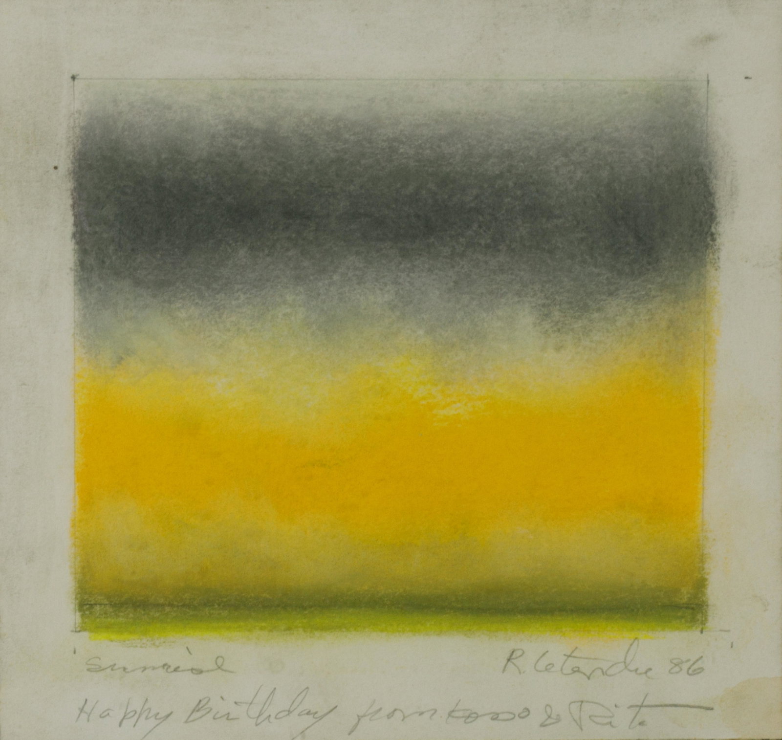 RITA LETENDRE (Canadian, 1928- 2021): Sunrise (1986) Pastel Signed, titled and dedicated "Happy Birthday from Kosso and Rita" Size: 6.7 x 7 in. (sheet)