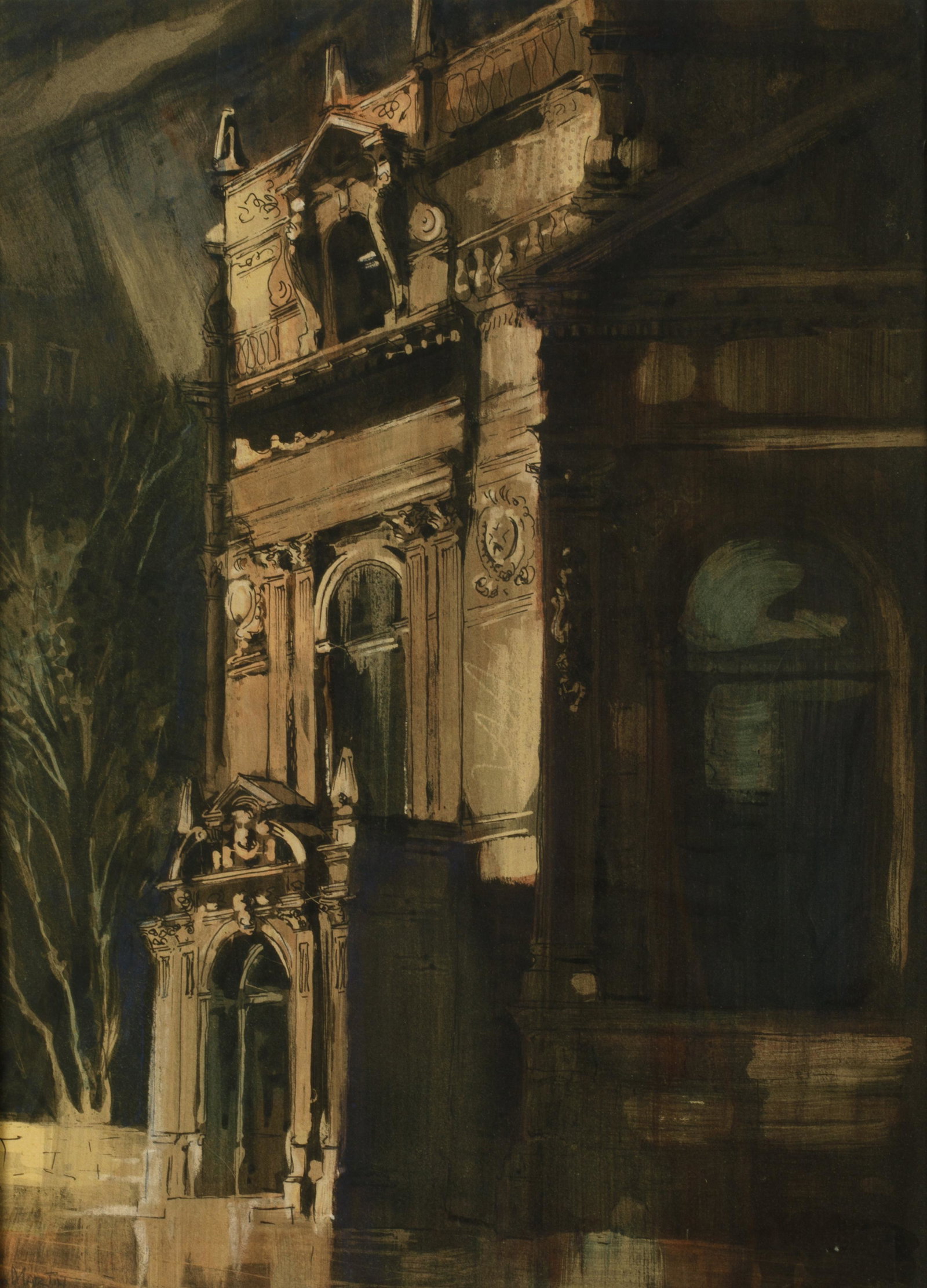 JOHN (JACK) MARTIN (Canadian, 1904-1965): Bank of Montreal (1958) Watercolour Signed and dated lower left Size: 19.25 x 14.25 in. Exhibited: Art Gallery of Toronto Women's Committee Sale of Canadian Art 1958 (titled "High Renaissance")
